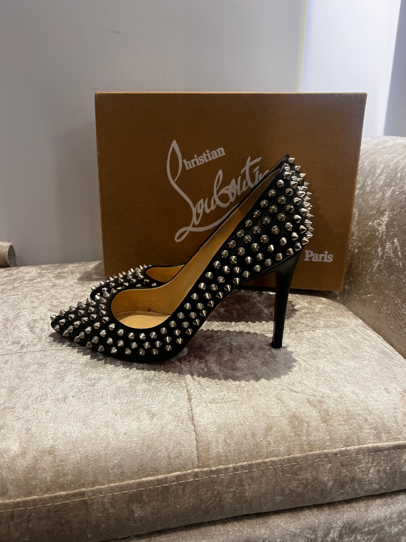 Christian Louboutin Black Leather Pigalle Spikes Pumps Size 38