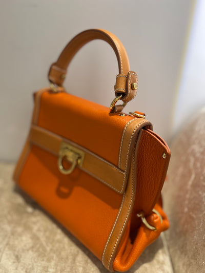 SALVATORE FERRAGAMO Two Tone Orange Leather Small Sofia Top Handle Bag