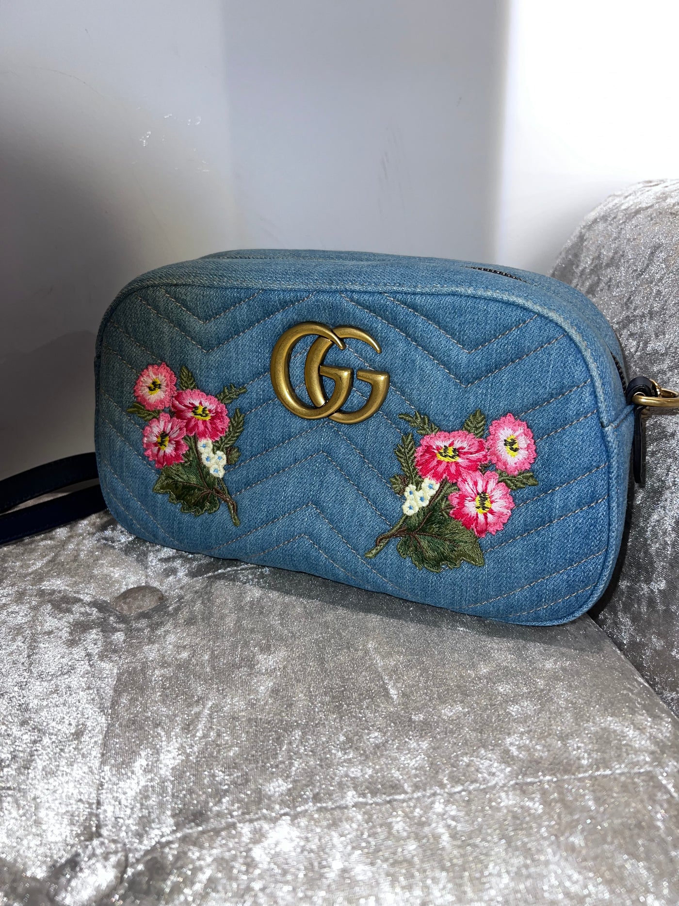 Gucci GG Marmont Shoulder Bag Embroidered Matelasse Denim Small