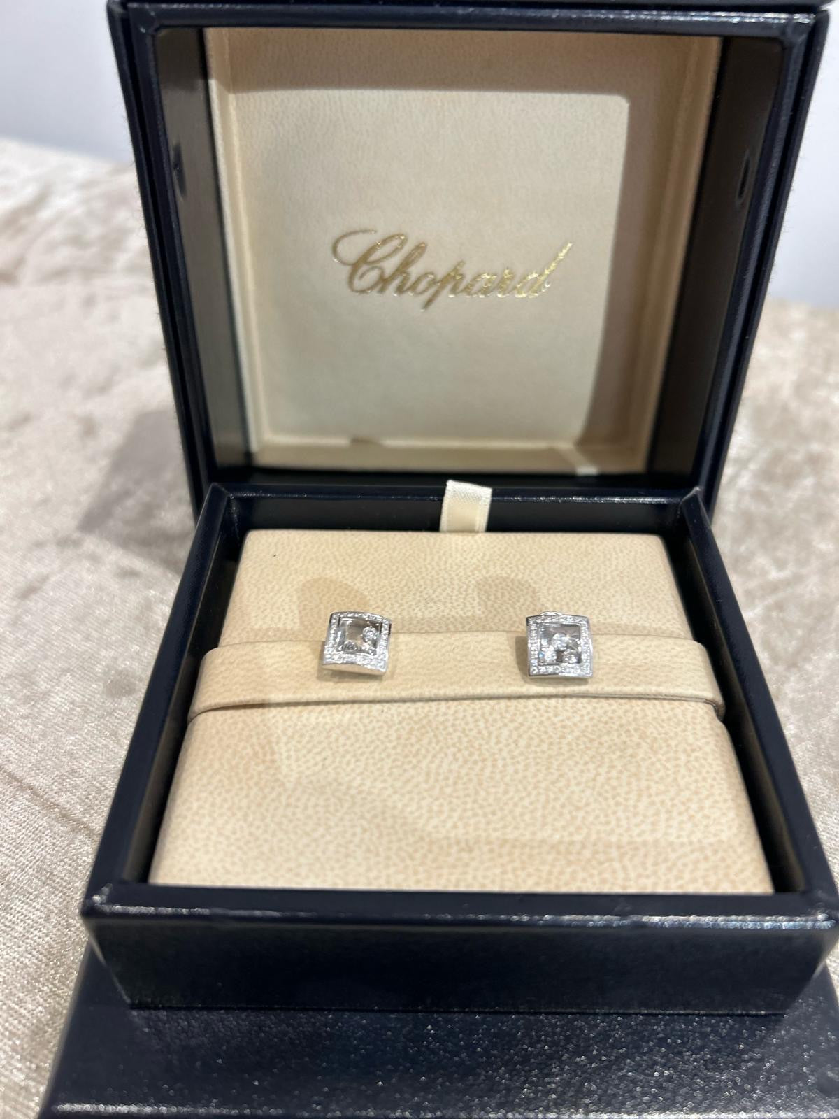 Chopard Happy 16ct White Gold Square Diamond Earrings With 3 Floating Diamonds