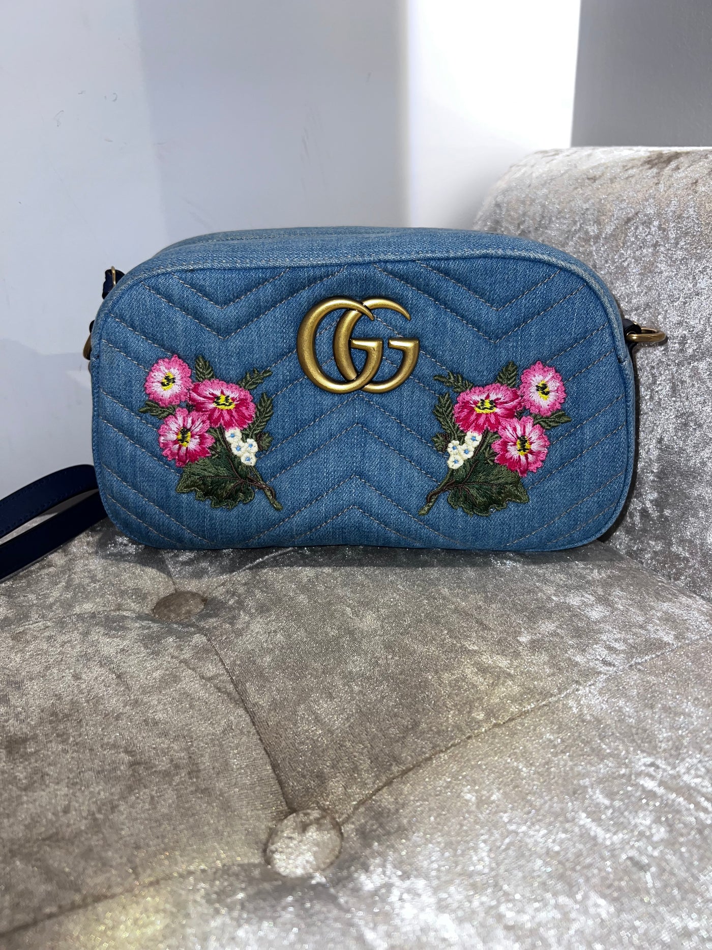 Gucci GG Marmont Shoulder Bag Embroidered Matelasse Denim Small