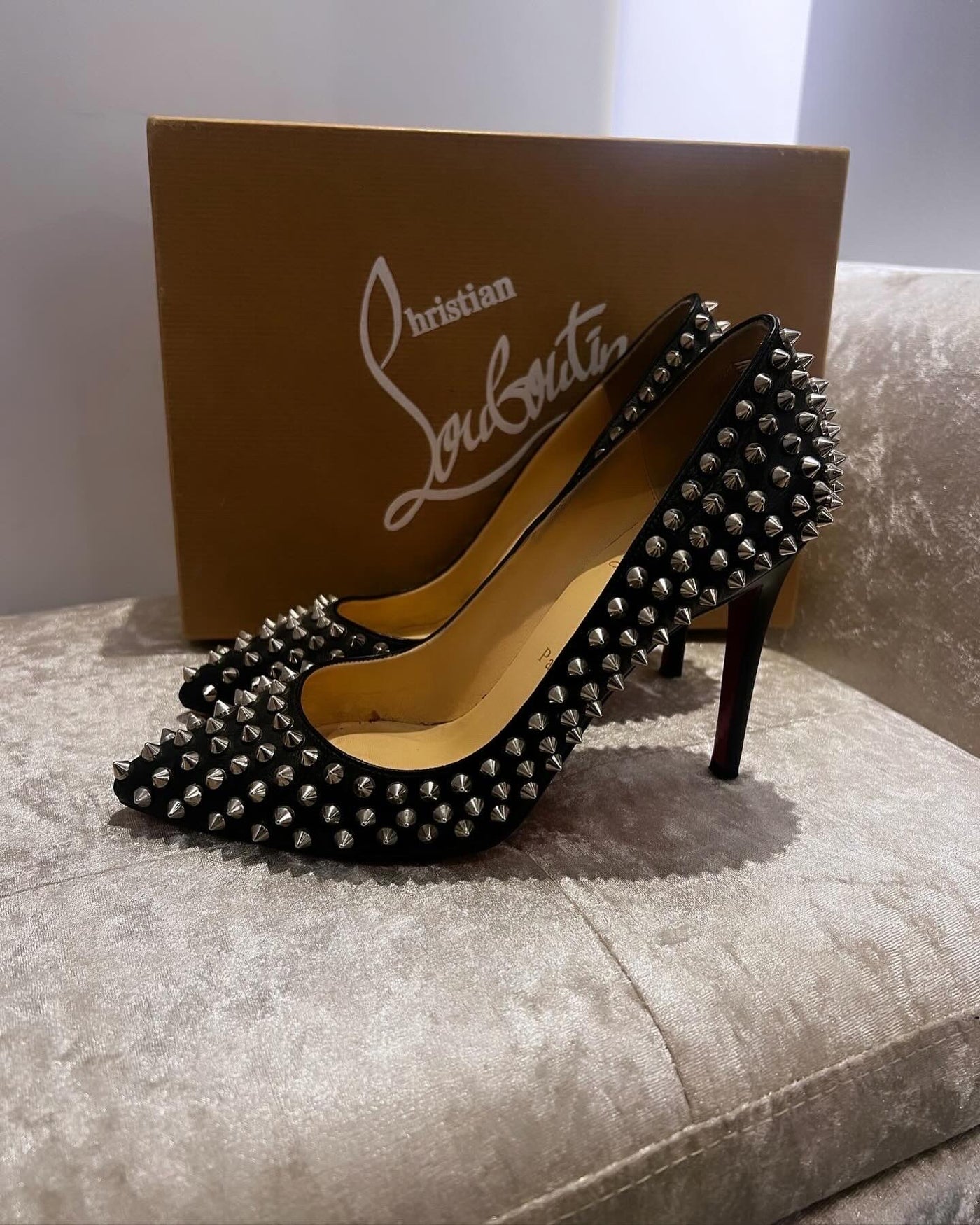 Christian Louboutin Black Leather Pigalle Spikes Pumps Size 38