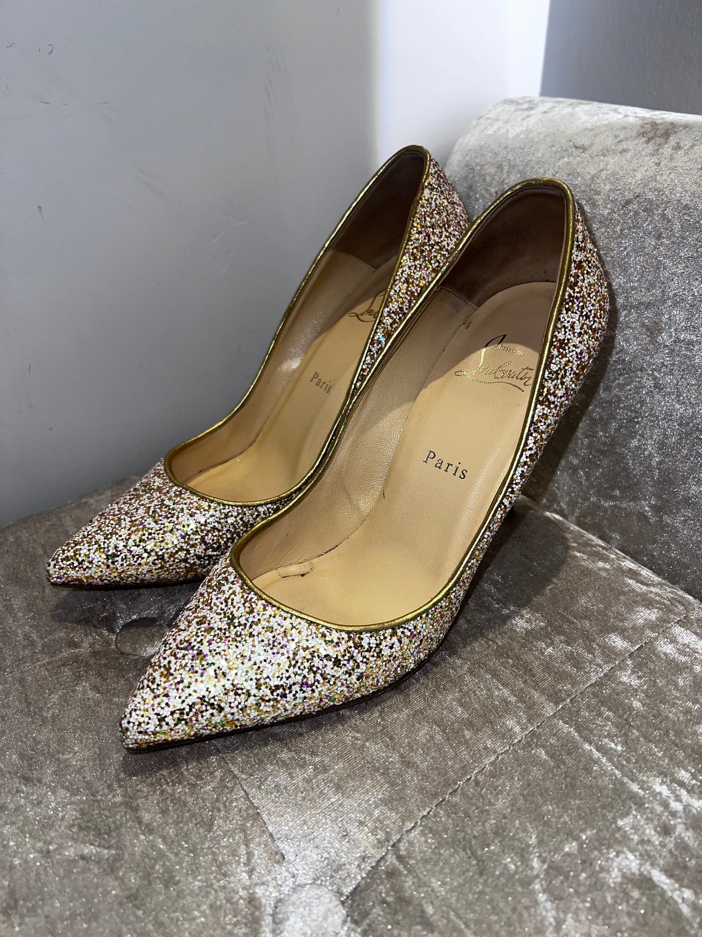 Christian Louboutin gold sparkle heels size 39.5
