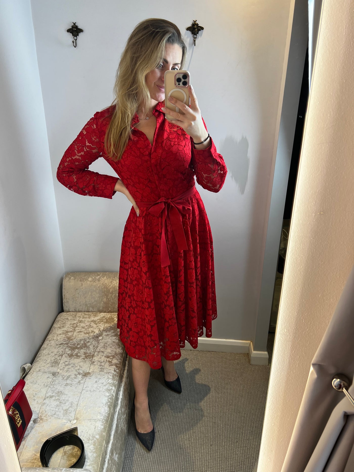 Caroline Herrea red lace dress size 6