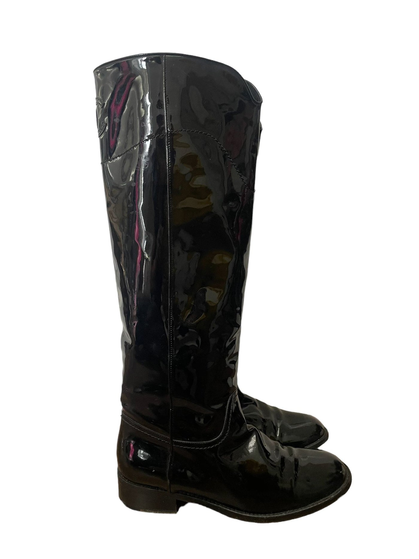 Chanel Black Patent CC Logo Rain Boots Size EU 39