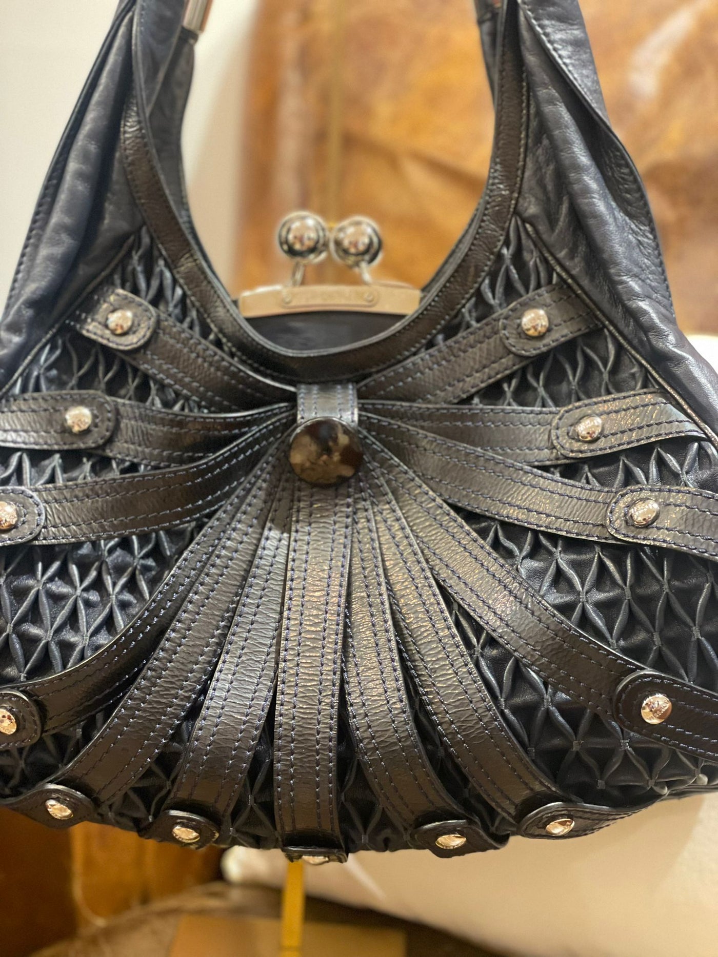 Vintage Versace black/navy limited edition kiss lock satchel