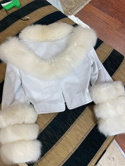 Canpelle white leather cropped jacket with fox fur trim size S