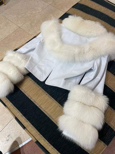 Canpelle white leather cropped jacket with fox fur trim size S