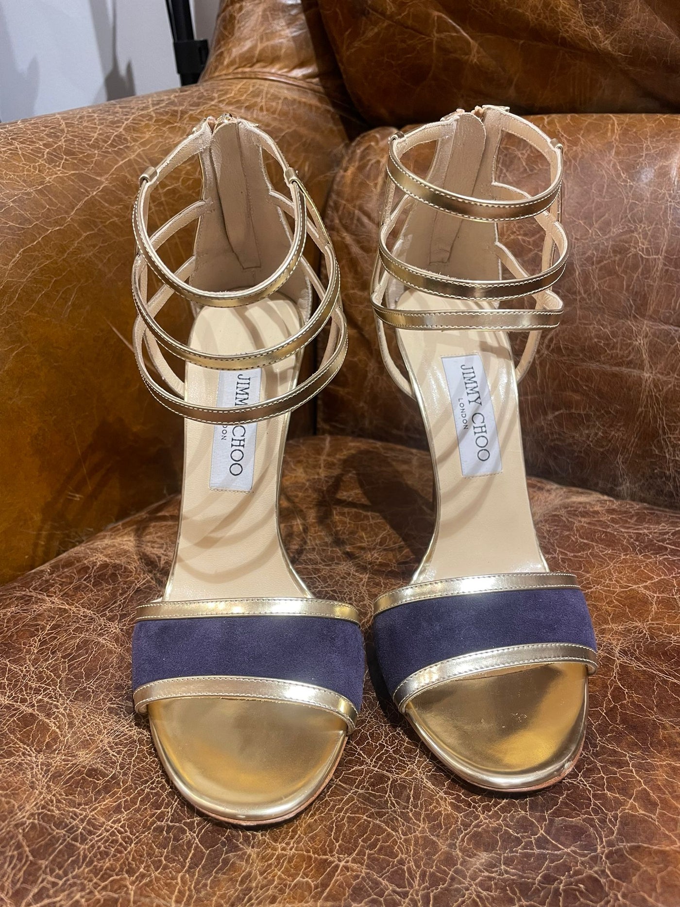 Jimmy Choo gold heels with navy velvet size 39