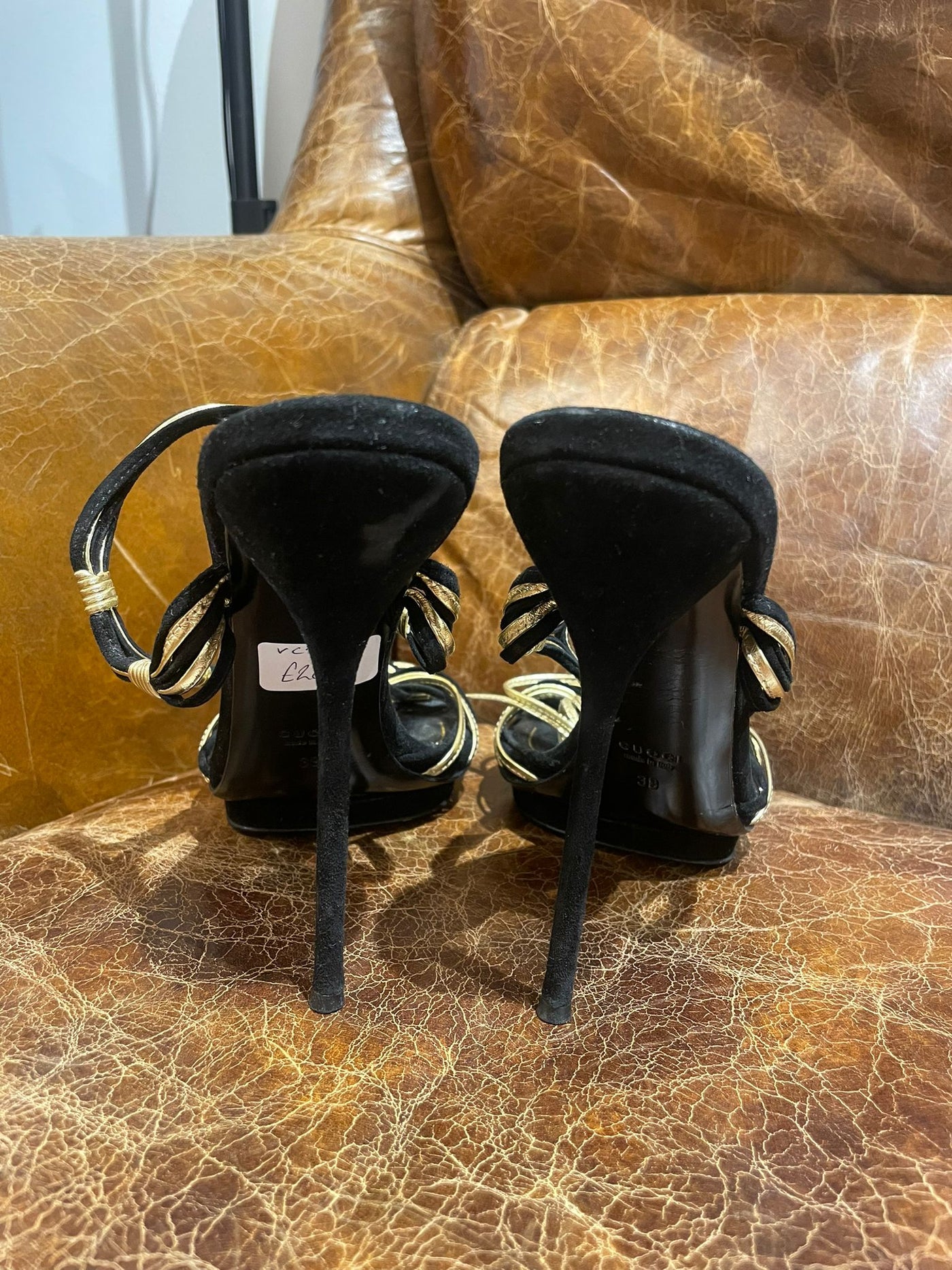 Gucci black suede heels with gold detailing size 39