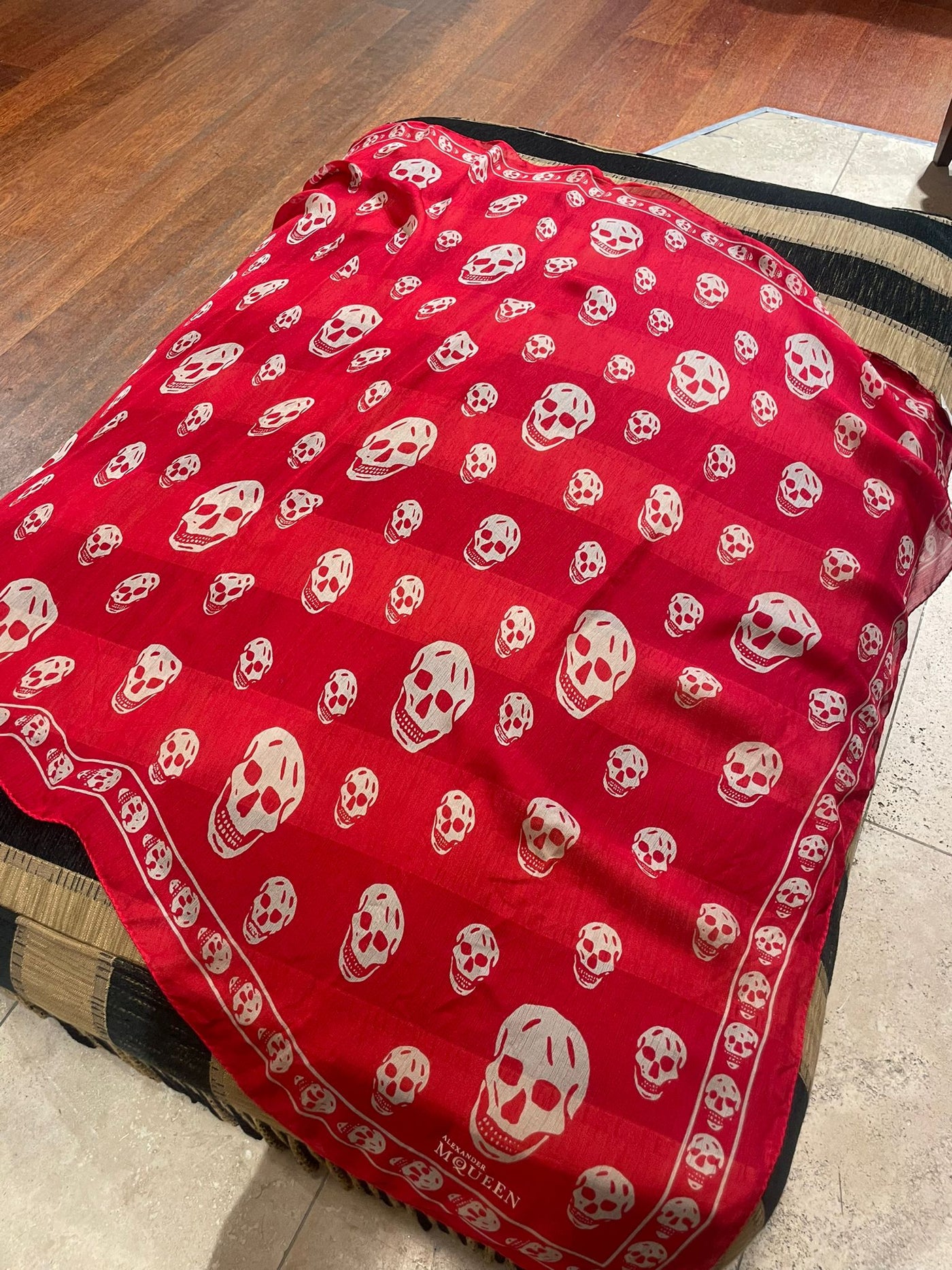 Alexander McQueen red and white skull silk scarf