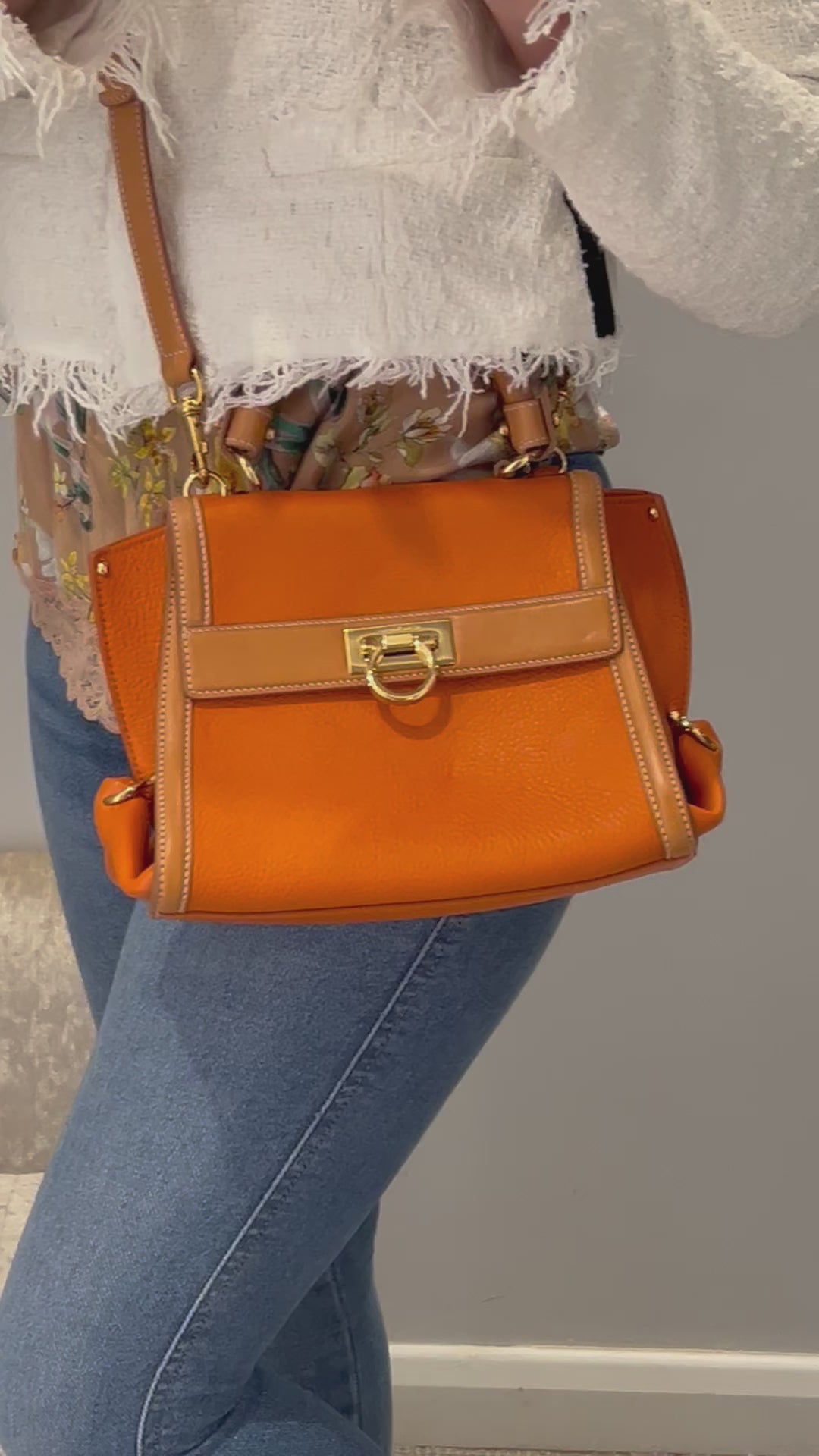 SALVATORE FERRAGAMO Two Tone Orange Leather Small Sofia Top Handle Bag