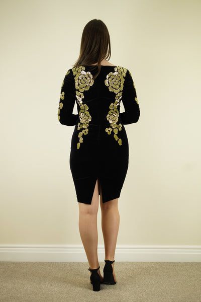 Nissa black midi dress with long sleeves and gold sequence