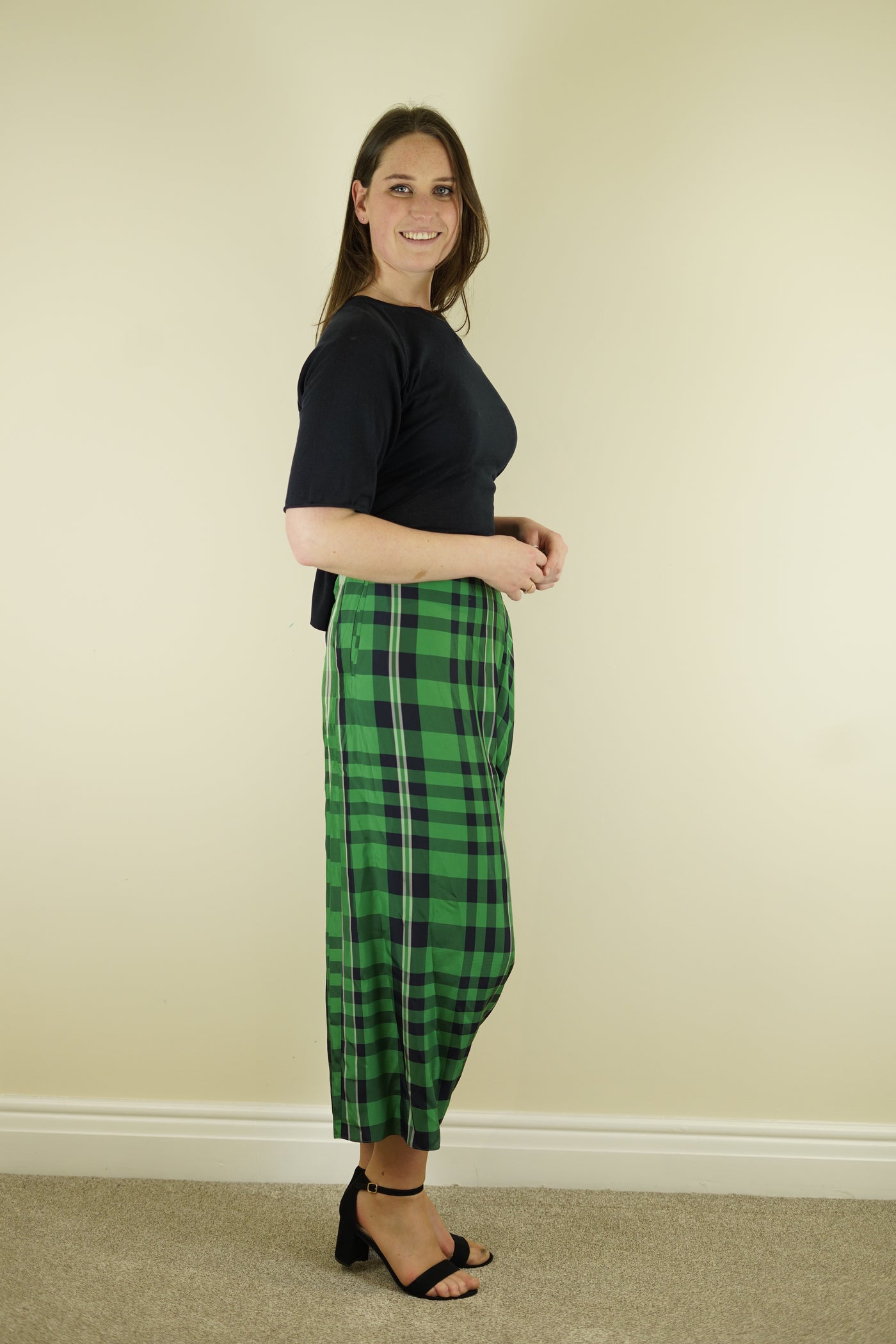 Stella Mccartney open back jumper & green tartan low crotch wide leg trouser