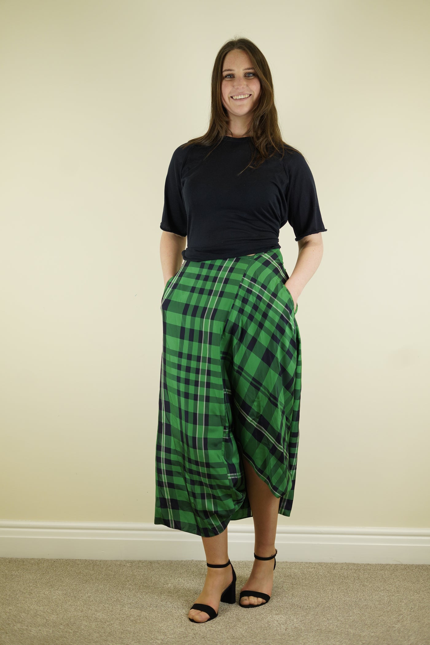 Stella Mccartney open back jumper & green tartan low crotch wide leg trouser