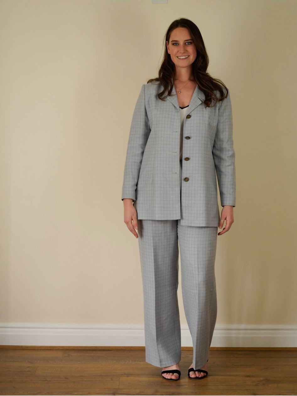 Vintage Hardy Amies baby blue checked suit size GB 14