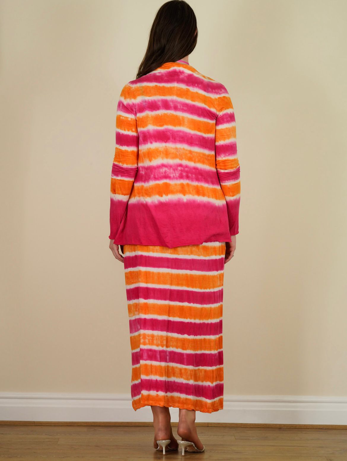 Velvet orange and pink tie dye dress with cardigan and necklace size GB 12