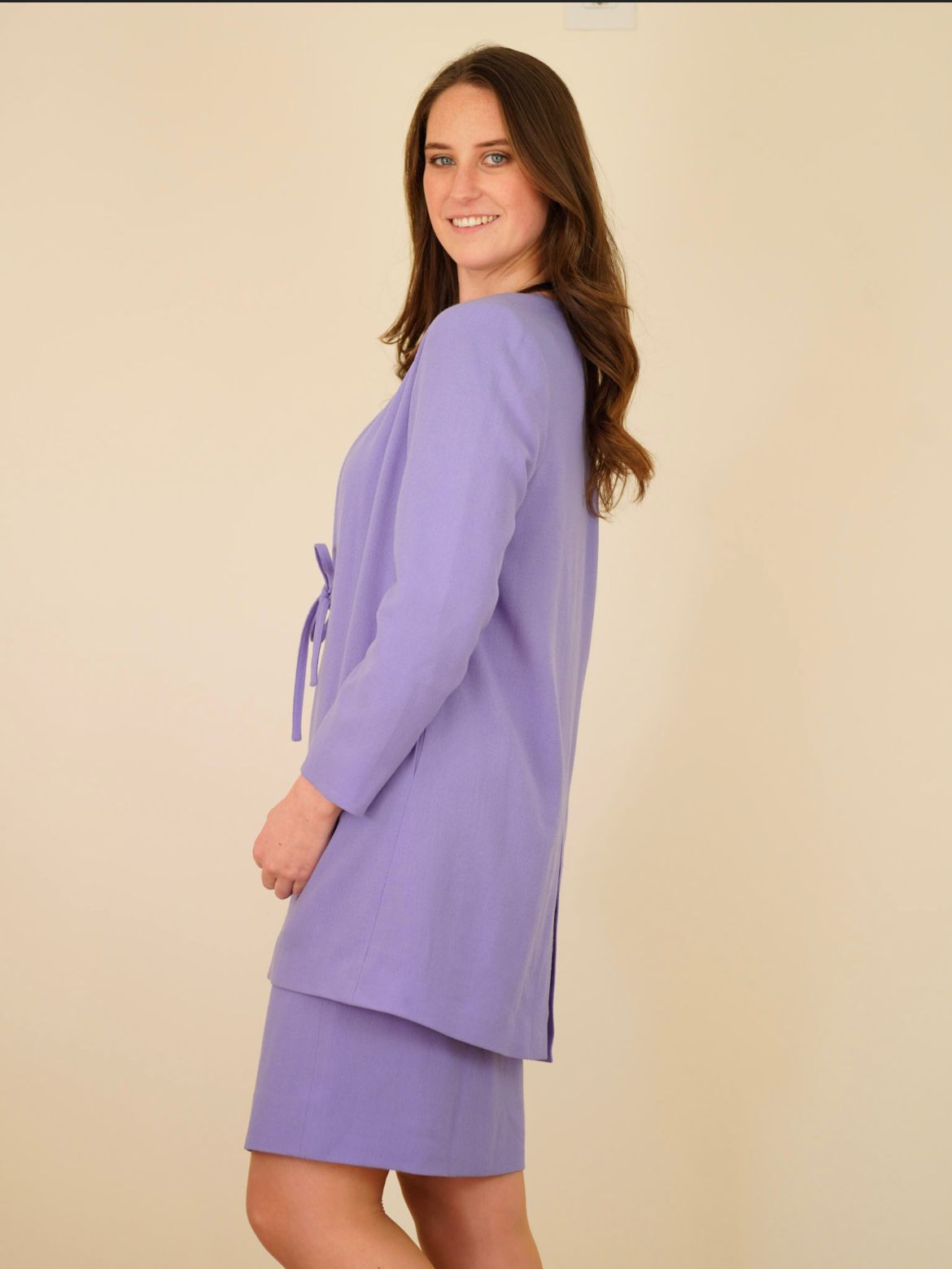 Vintage Jean Muir purple wool two piece suit size GB 12