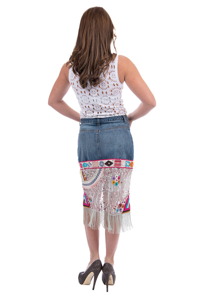 Escada Sport Vintage denim skirt with sequins and tassels
