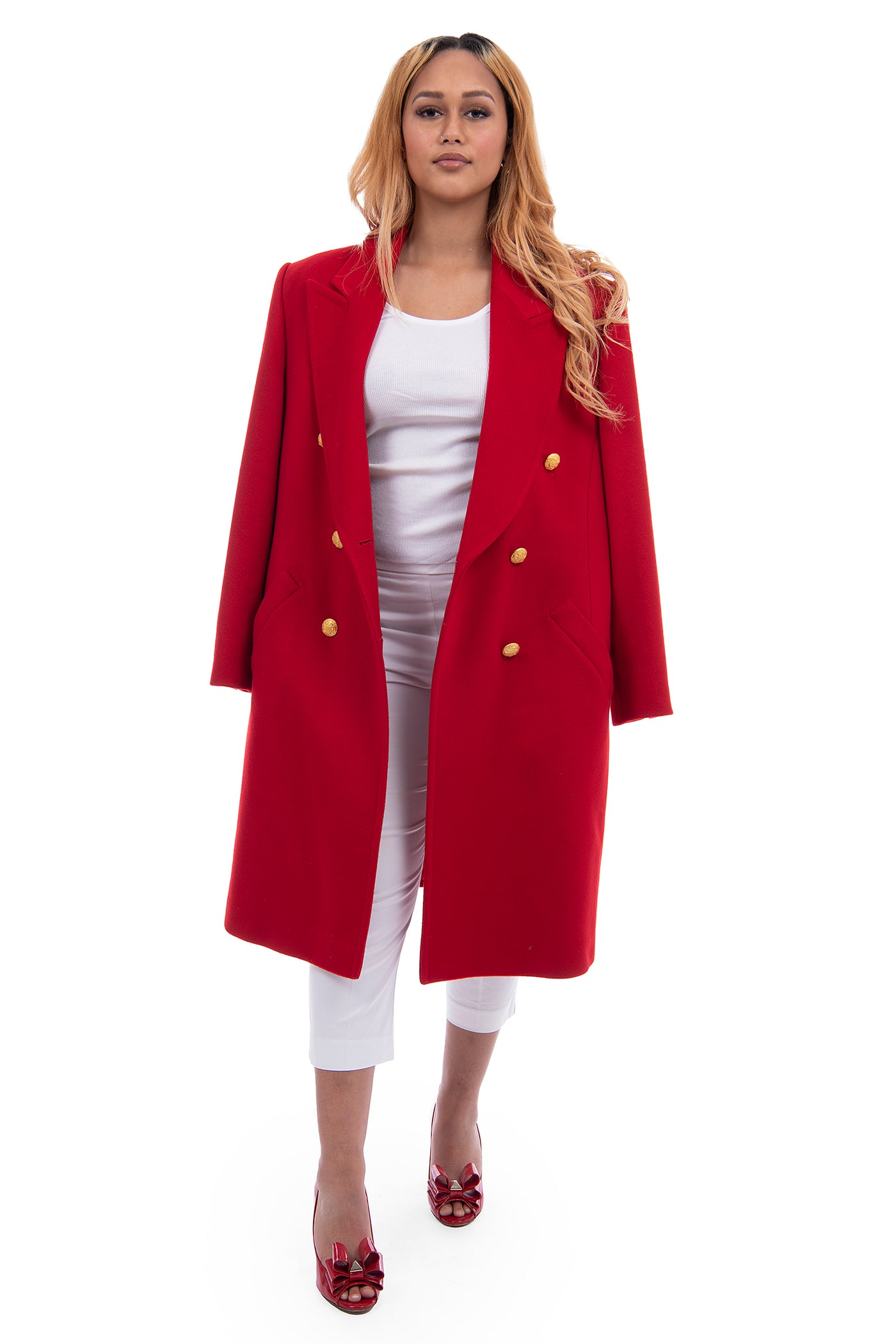 Escada Vintage, long tailored red coat, Margaretha Ley