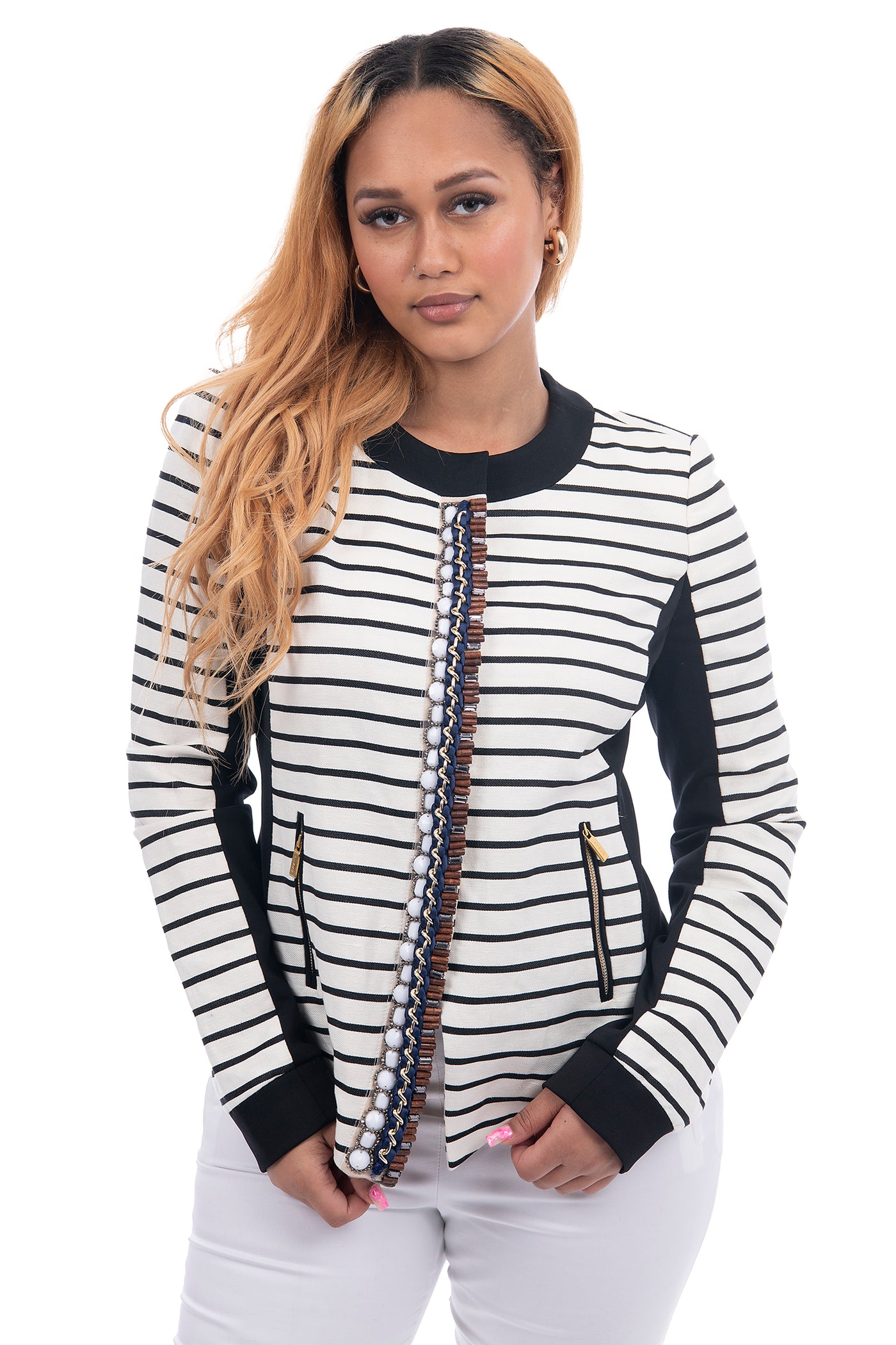 Pinko stripped cropped blazer with beading and ribbon detailing