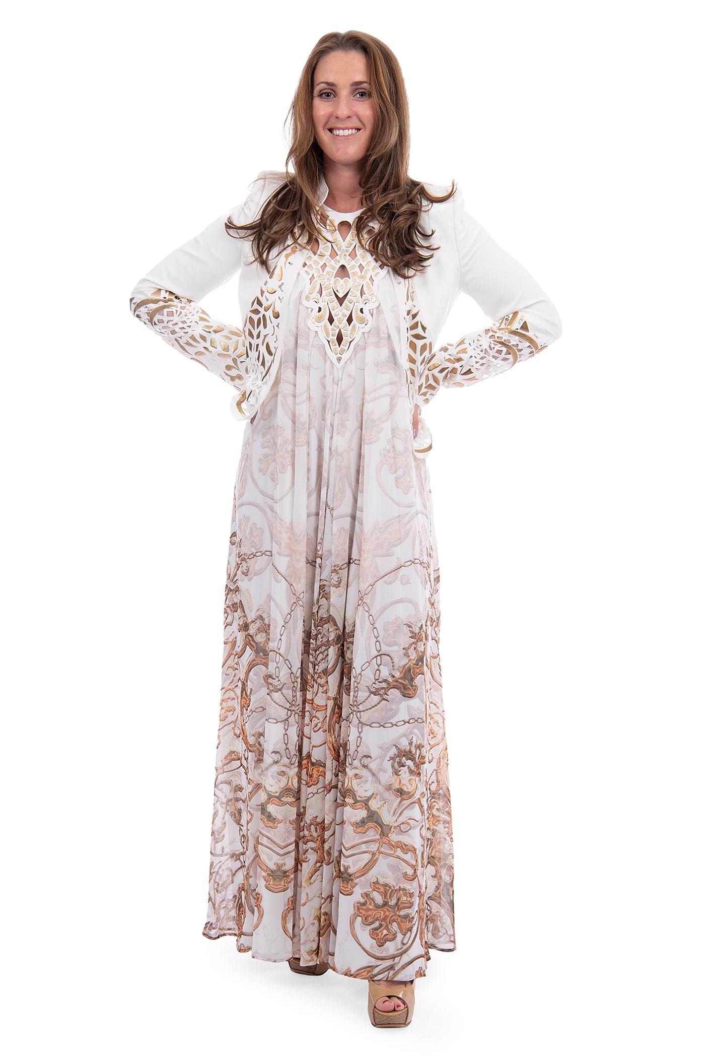 Baby 21  vintage cream and gold halter neck maxi dress + matching jacket