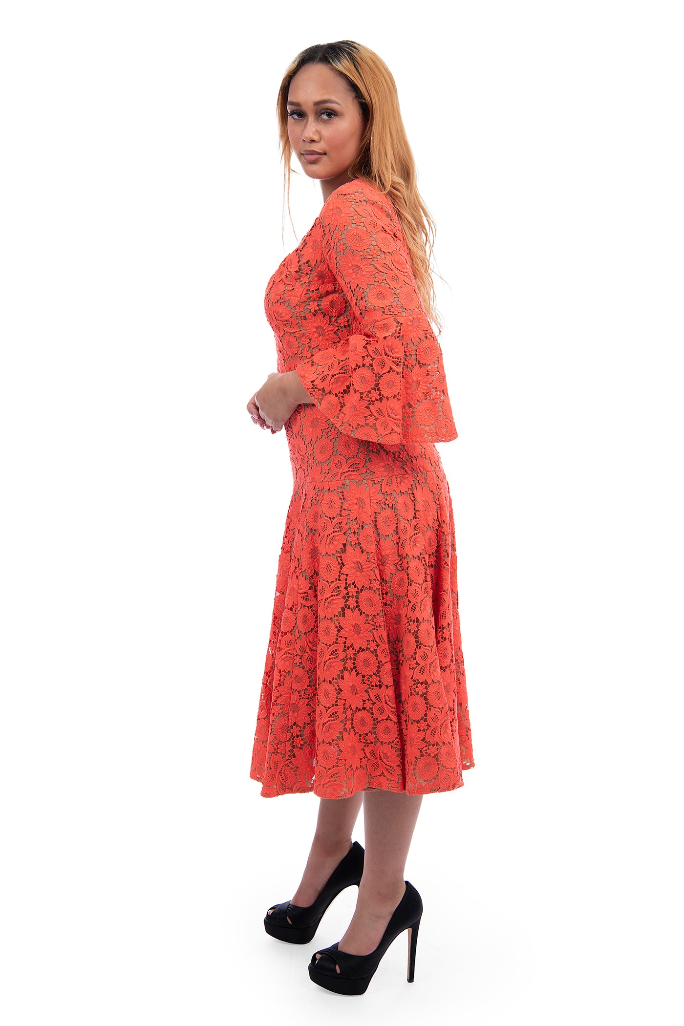 Michael Kors orange 3 quarter length sleeve crochet detailing midi length dress