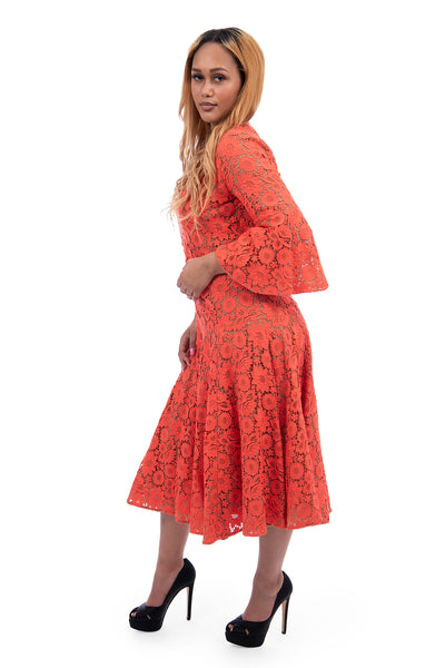 Michael Kors orange 3 quarter length sleeve crochet detailing midi length dress