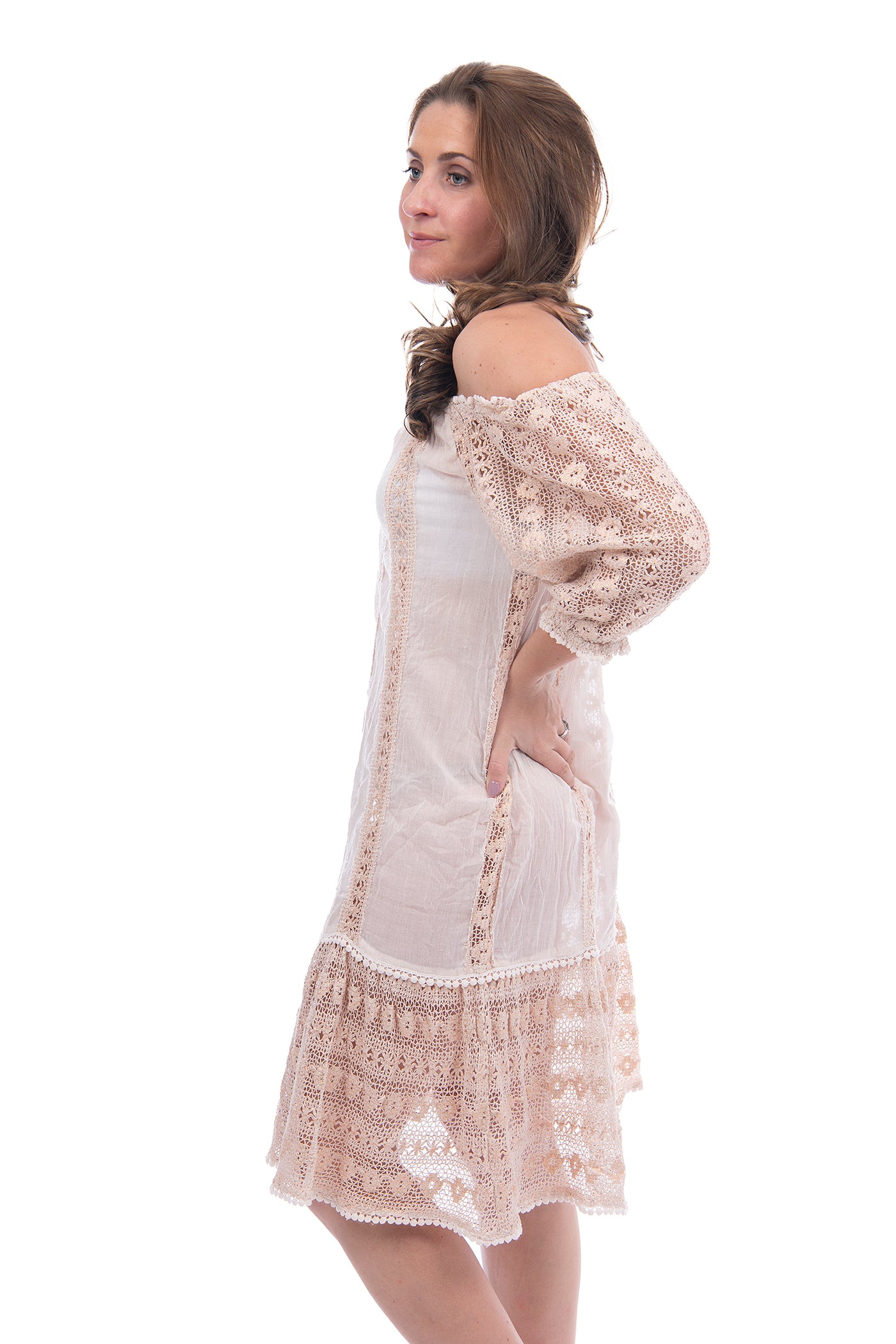 Baby pink and rose gold light cotton sundress with 3 quarter length sleeves