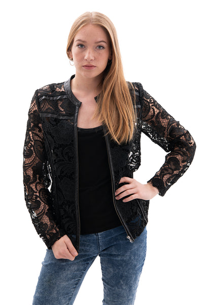 Montique black lace jacket with leather trim