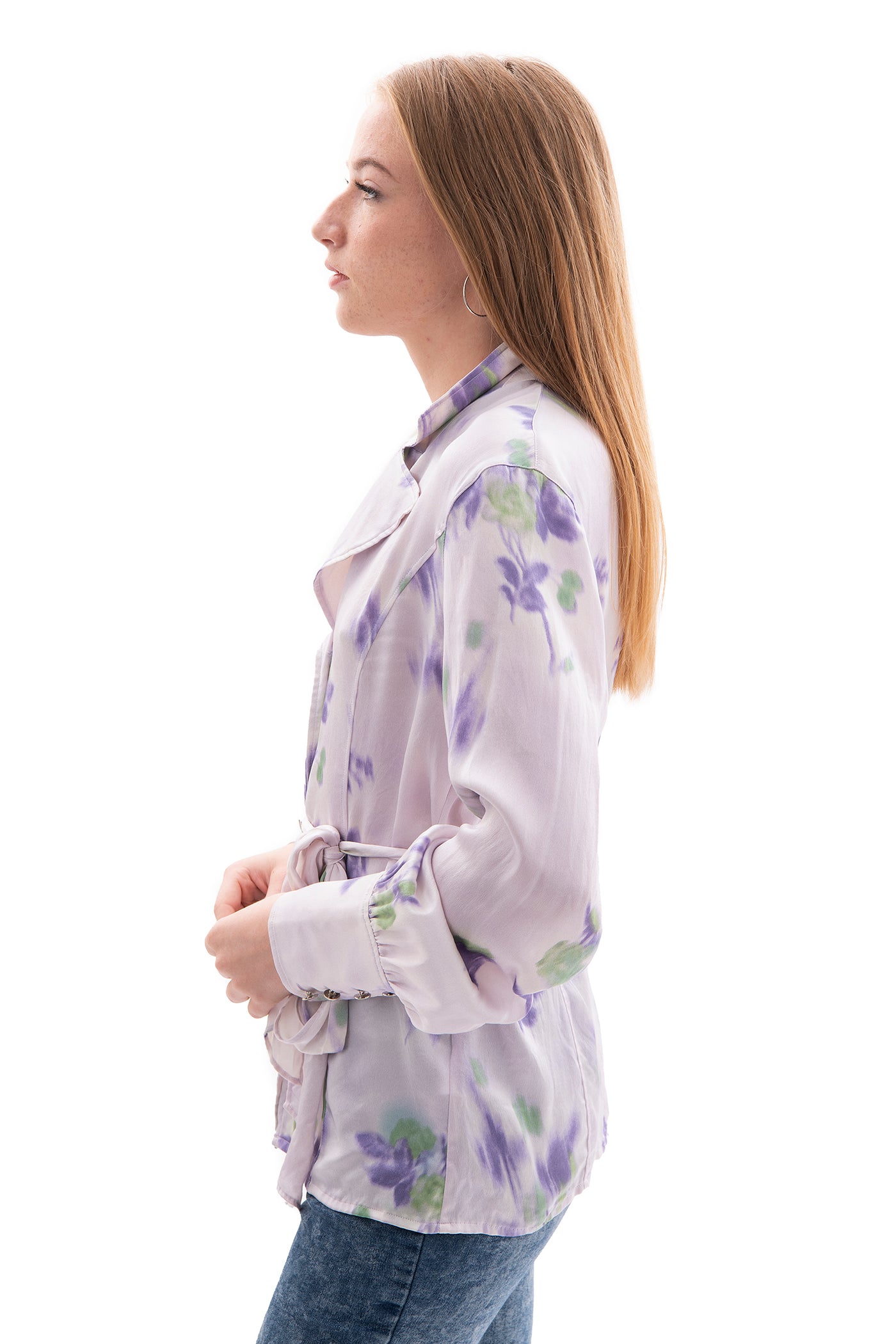 Escada silk purple floral blouse with waist tie
