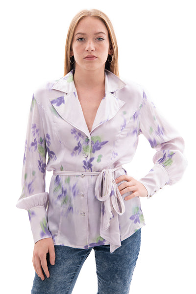 Escada silk purple floral blouse with waist tie