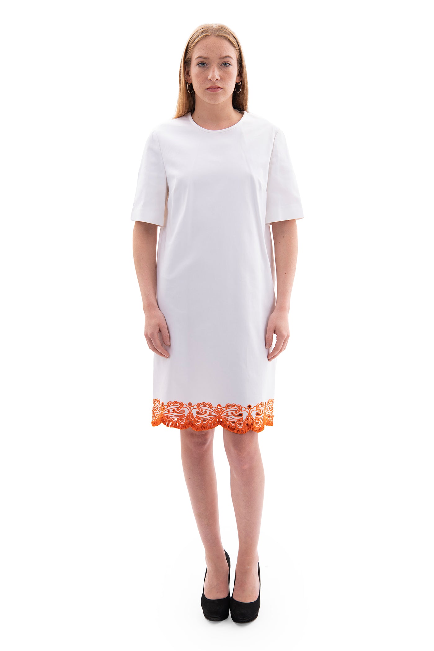 emilio pucci white shift dress with orange trim