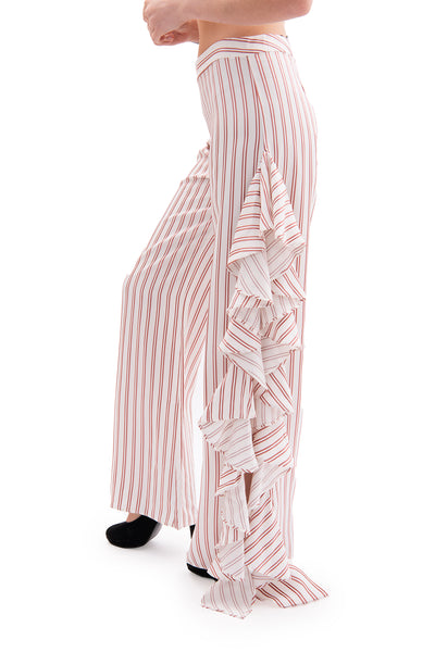 Alexie red and white stripped trousers with flare trim on leg slit
