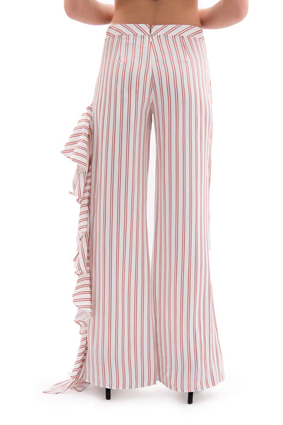 Alexie red and white stripped trousers with flare trim on leg slit