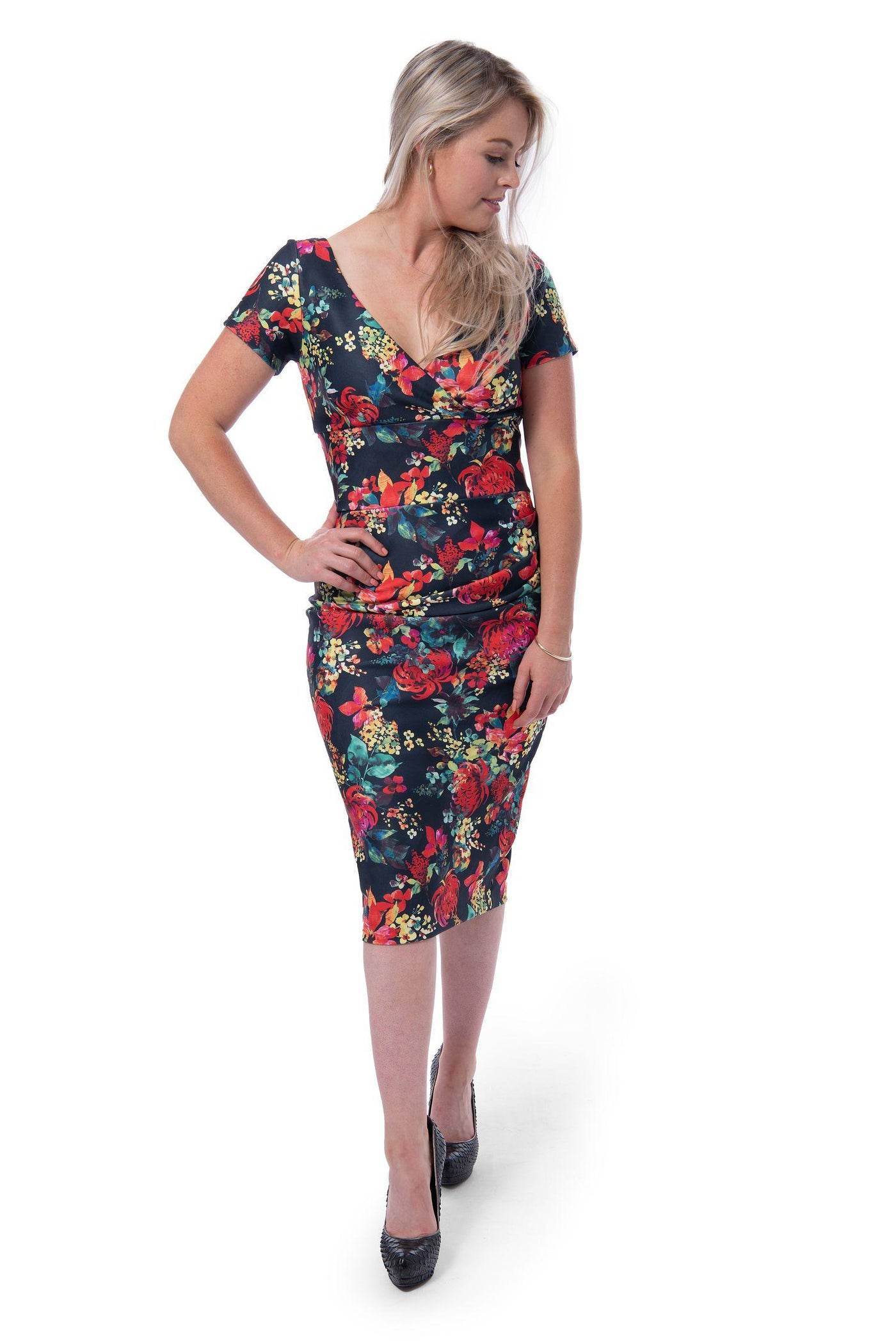 Black Dress With Bold Floral Pattern