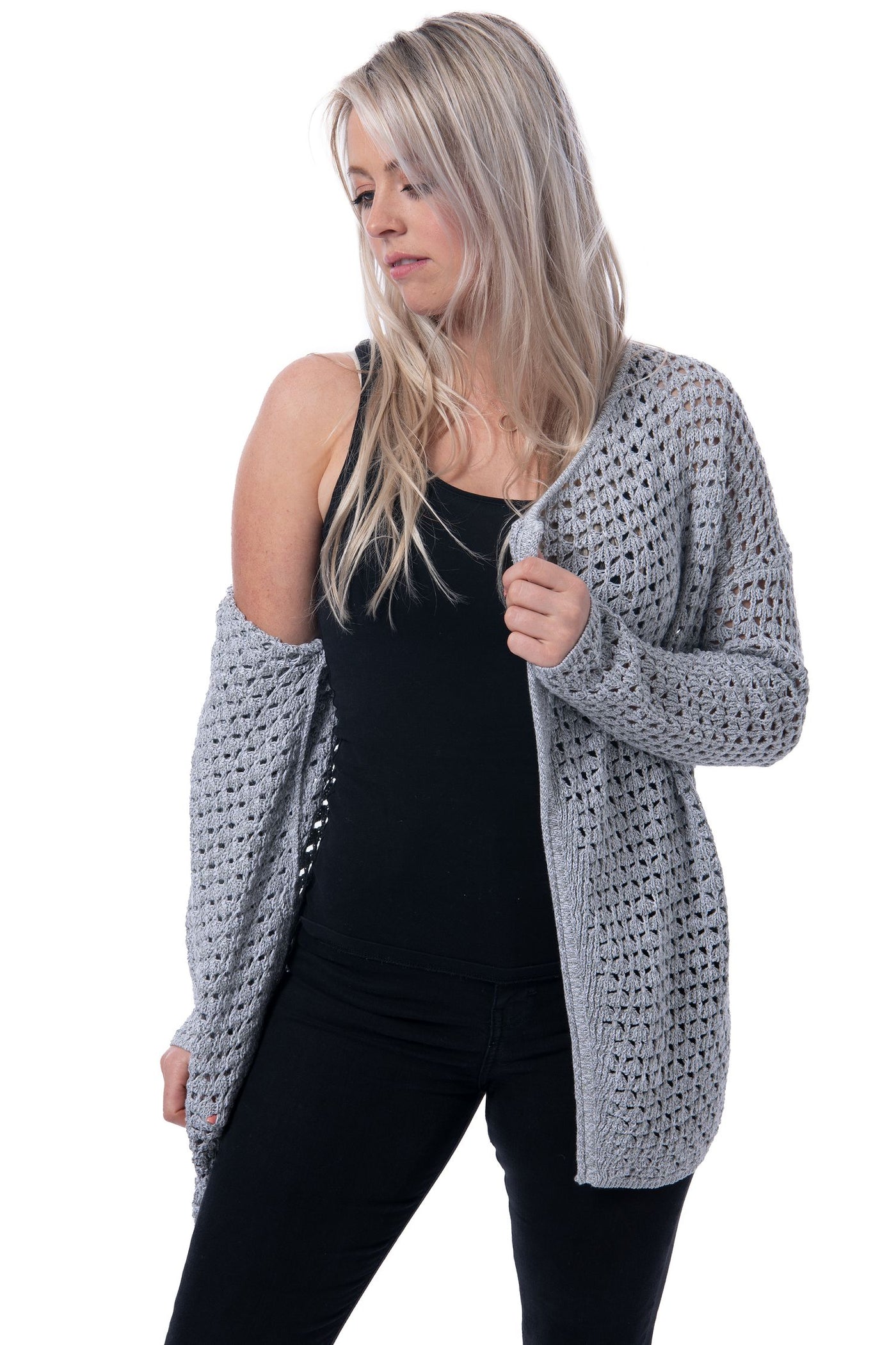 Madeline grey open cardigan with grey shimmer throughout