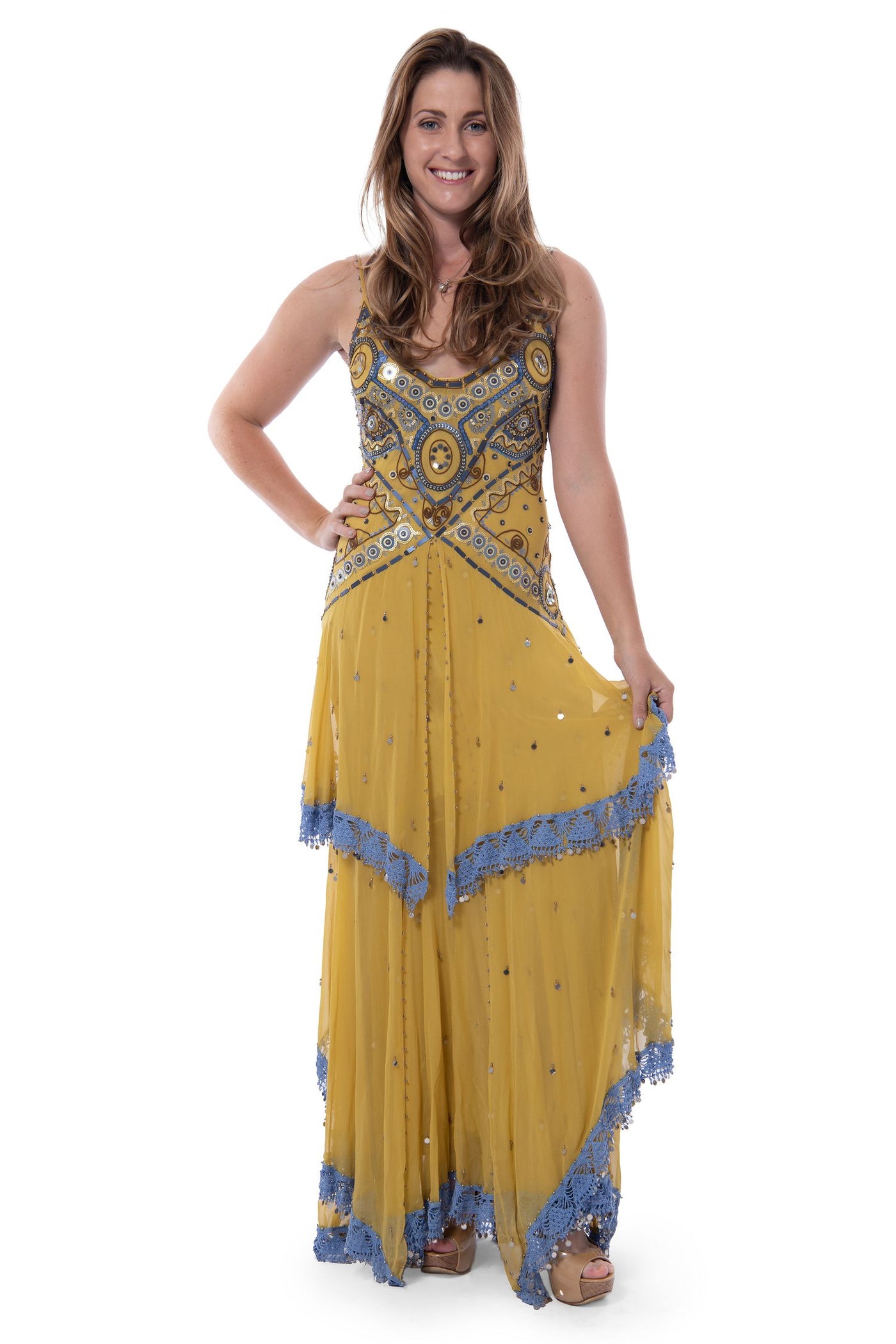 Jenny Packham yellow and blue highly embroidered long strappy dress