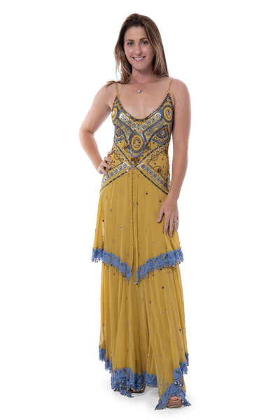 Jenny Packham yellow and blue highly embroidered long strappy dress