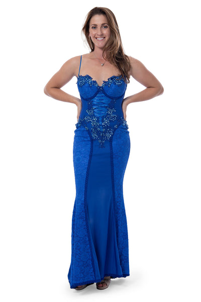 Royal blue catwalk collection evening gown with shoulder jacket