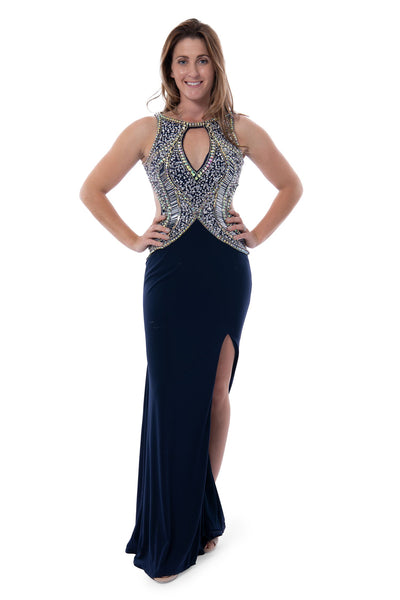 Tiffany navy and diamante backless dress evening gown
