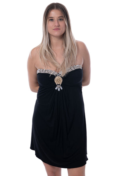 Sky strapless black mini dress with diamante trim on neck line