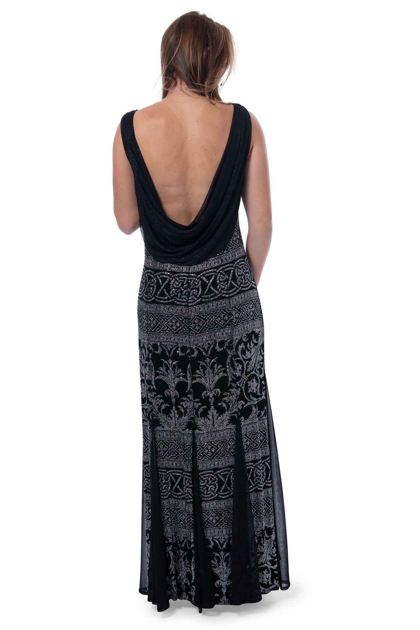 Tadashi long black evening gown with silver detailing