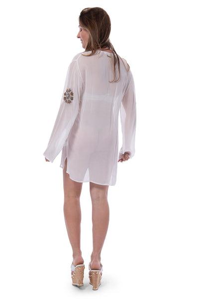 Ondamemar white see though Caftan with brown beading detailing.