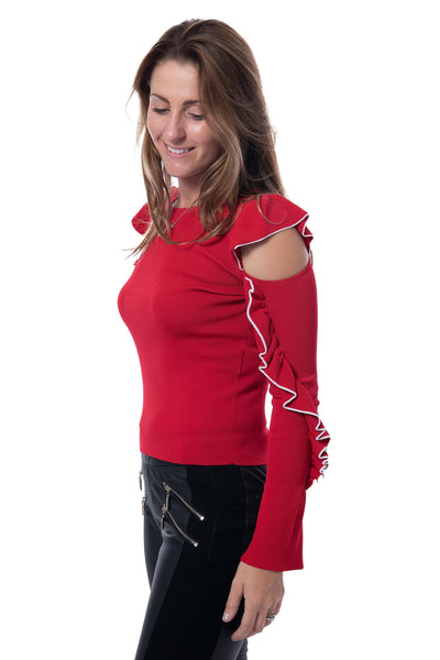 Maje vibrant red cold shoulder jumper with white trim on the sleeves