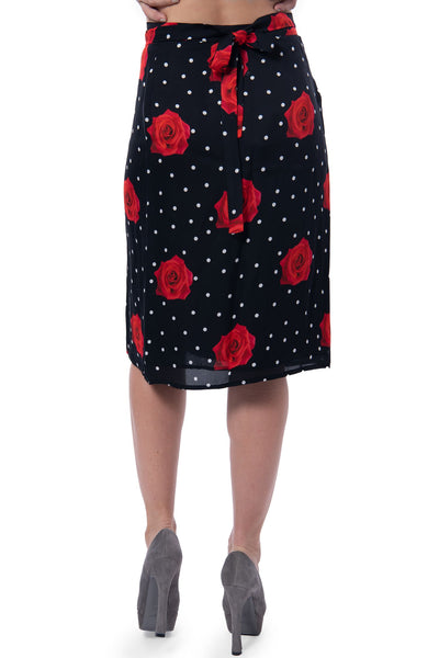 Au jour le jour wrap skirt black with white dots and red roses