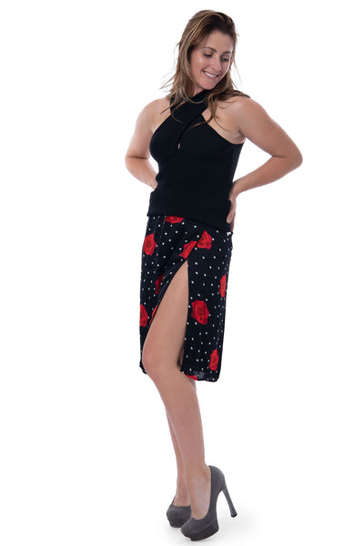 Au jour le jour wrap skirt black with white dots and red roses