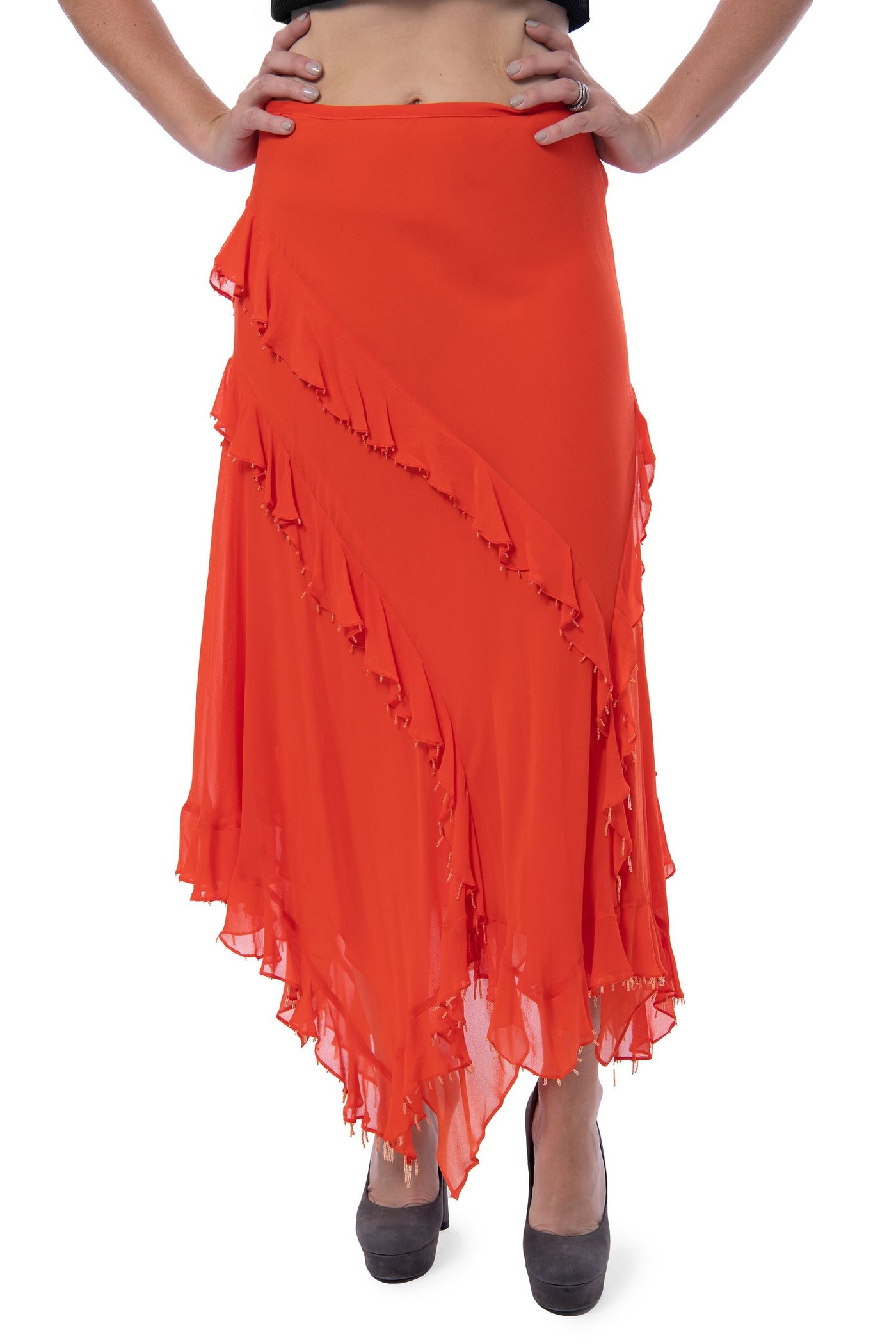 Orange maxi skirt with frill and beads