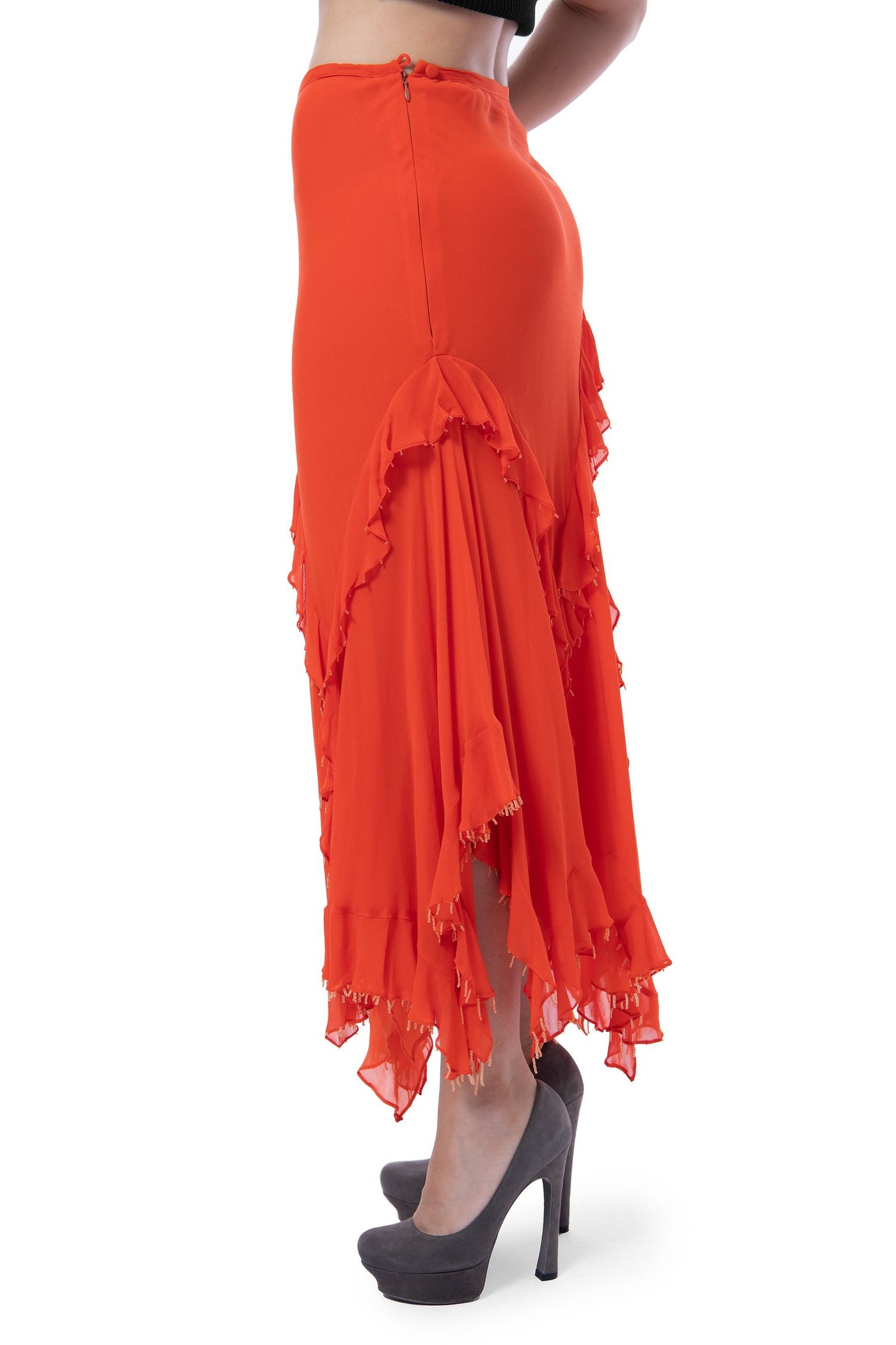 Orange maxi skirt with frill and beads