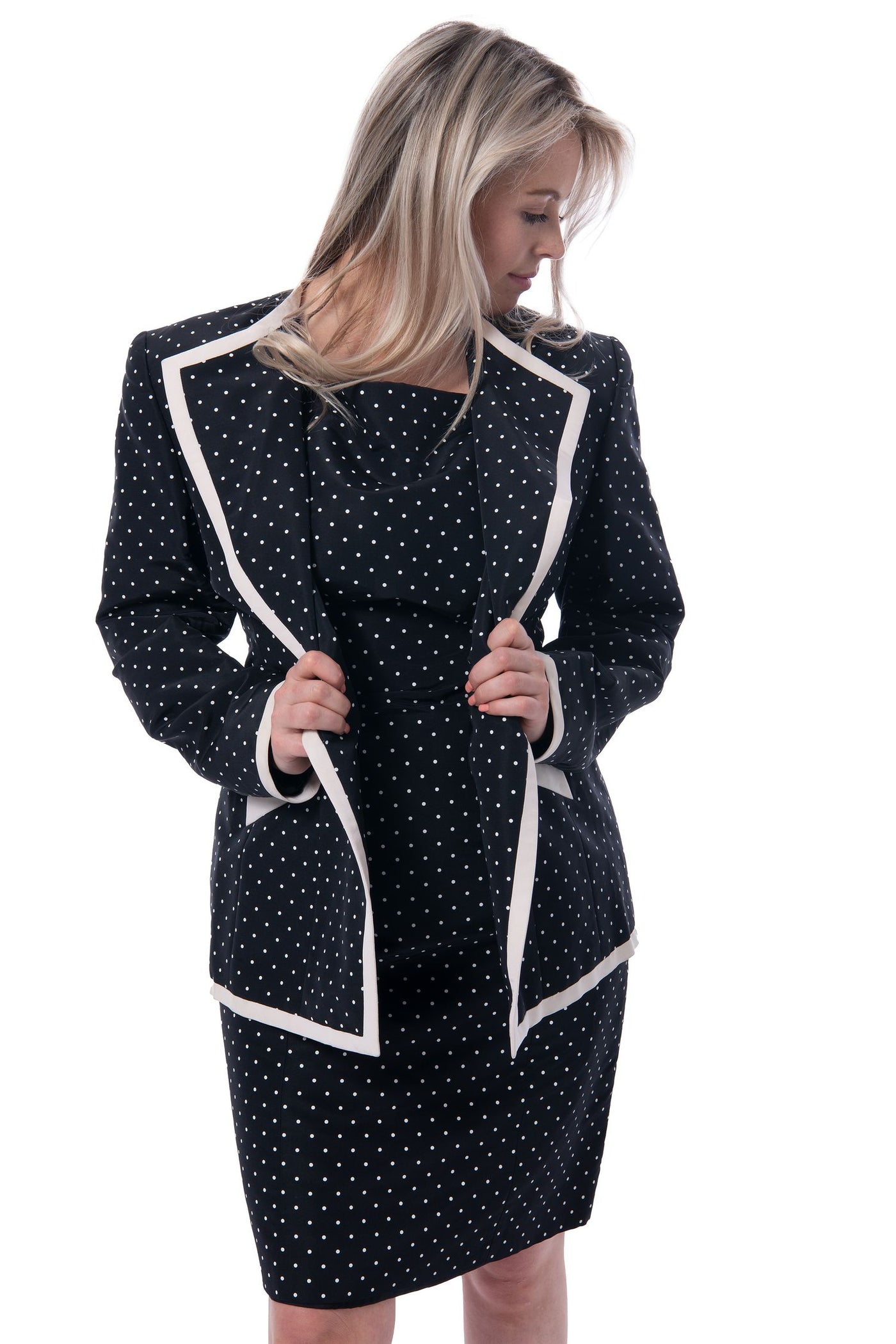 Escada Couture vintage two piece dress and jacket, black and white polka dot